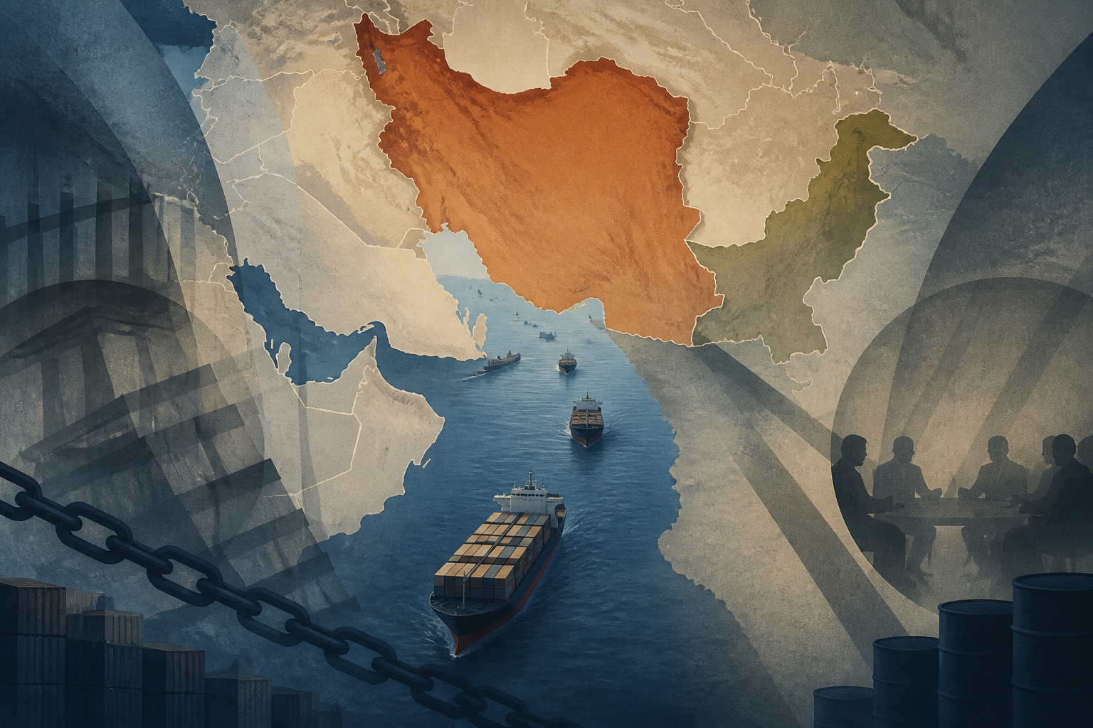 A conceptual illustration of sanctions pressure, regional mediation and the strategic importance of the Strait of Hormuz.