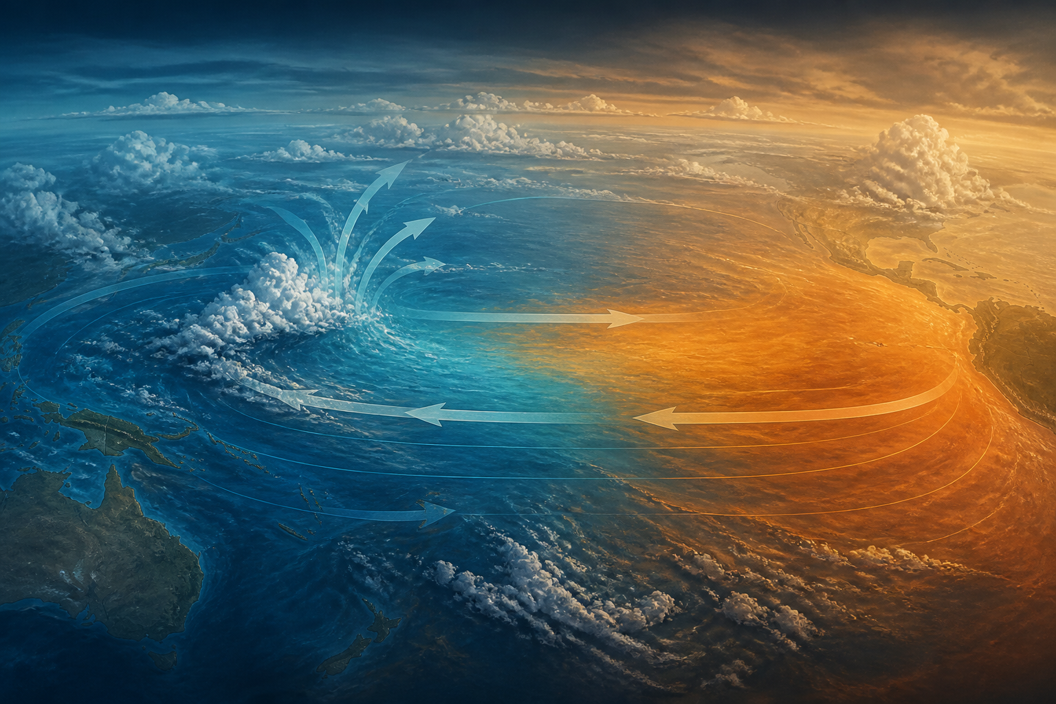 A conceptual illustration of unusually warm global ocean waters during a strengthening El Niño.