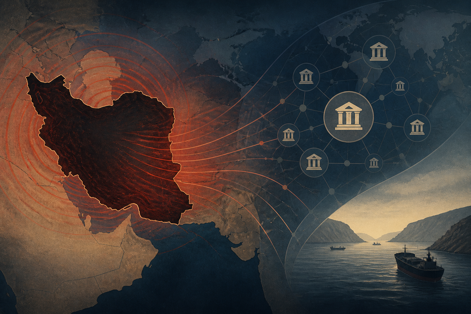 A conceptual illustration of the widening financial and maritime pressures surrounding Iran.
