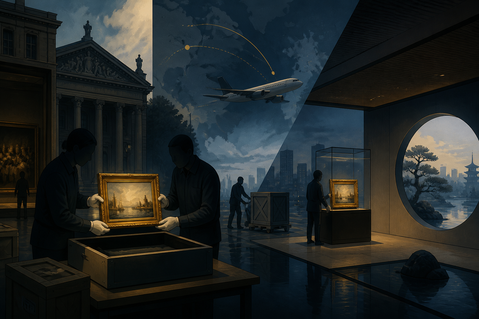 A conceptual illustration of Vermeer’s masterpiece traveling from The Hague to Osaka during the Mauritshuis maintenance closure.