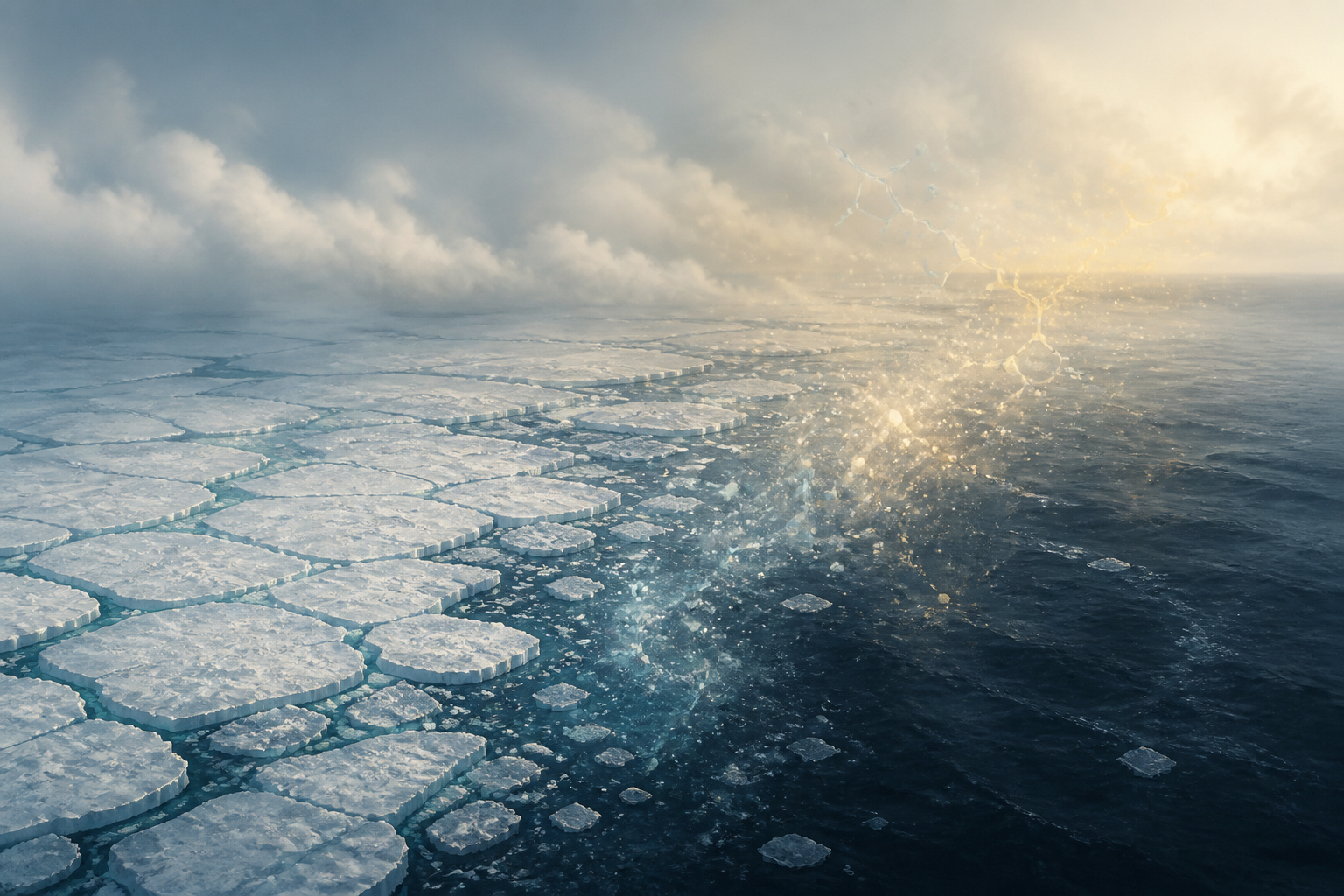 A conceptual illustration of atmospheric particles forming where Arctic sea ice meets open water.